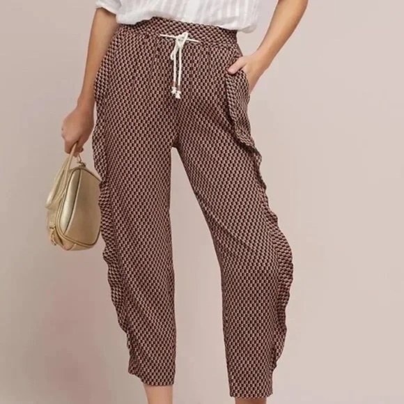 Anthropologie Ett Twa Geometric Ruffled Geometric Print Jogger Pants, Size Small - Picture 1 of 11